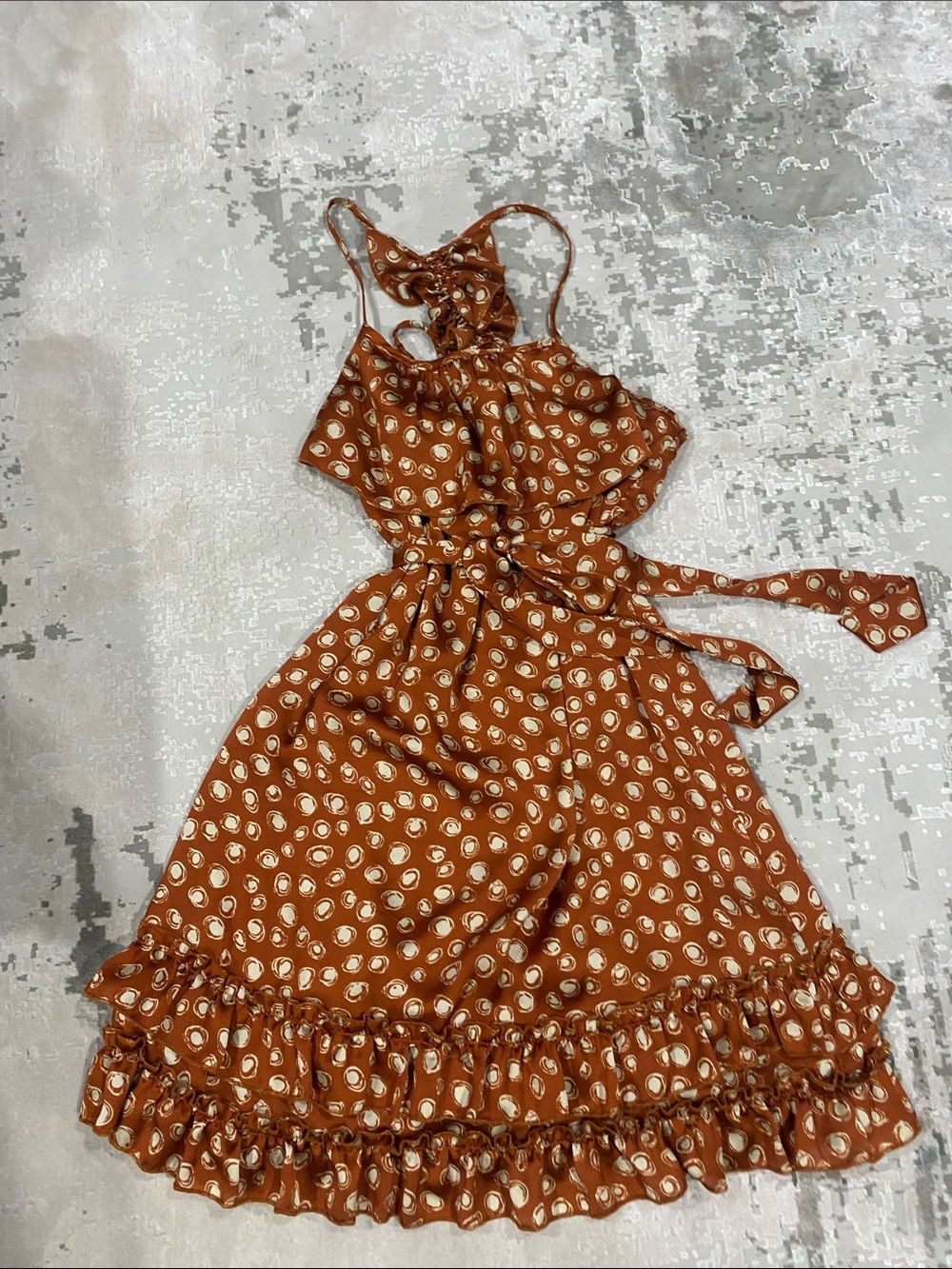 Ya Los Angeles orange and white ruffle and ruching detail dress